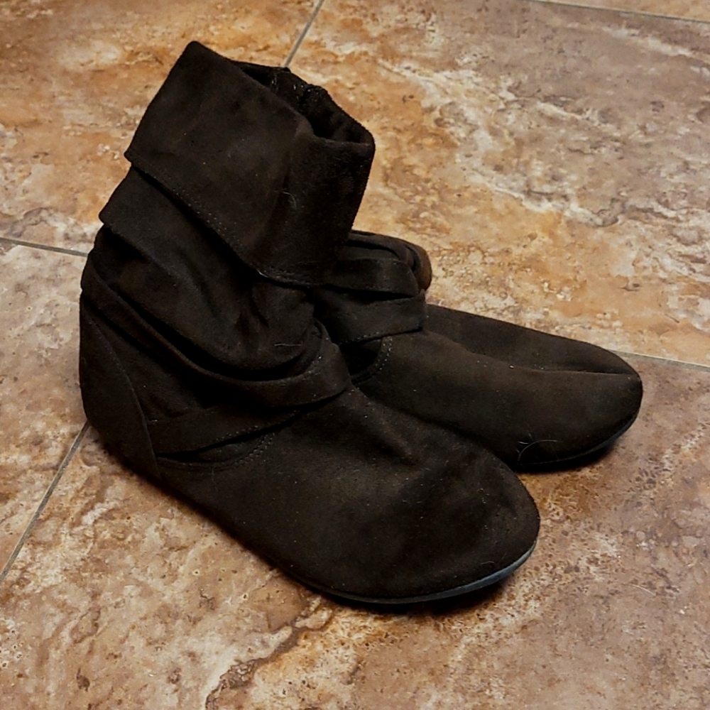 Brown faux suede booties with strap